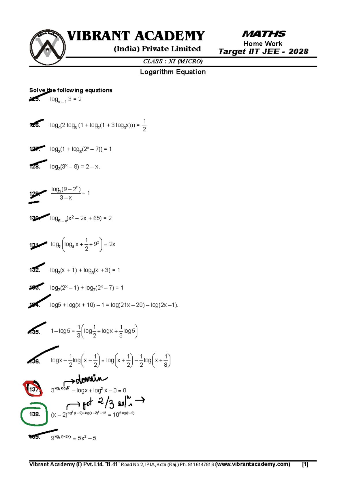 MATHS XI (MICRO) Homework: Logarithm Equations for IIT JEE 2028 - Studocu