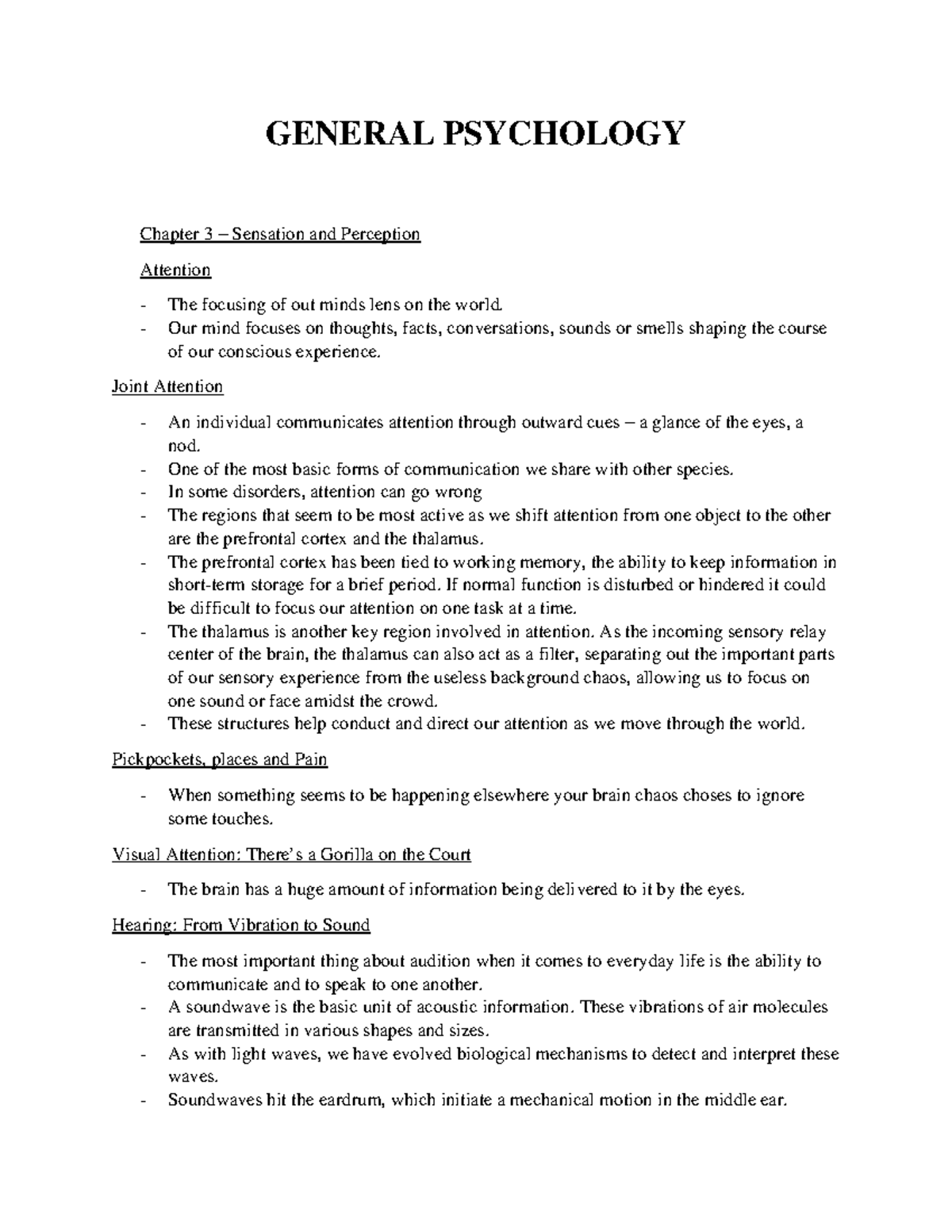 General Psychology Notes 1: Chapter 3 - Sensation and Perception - Studocu