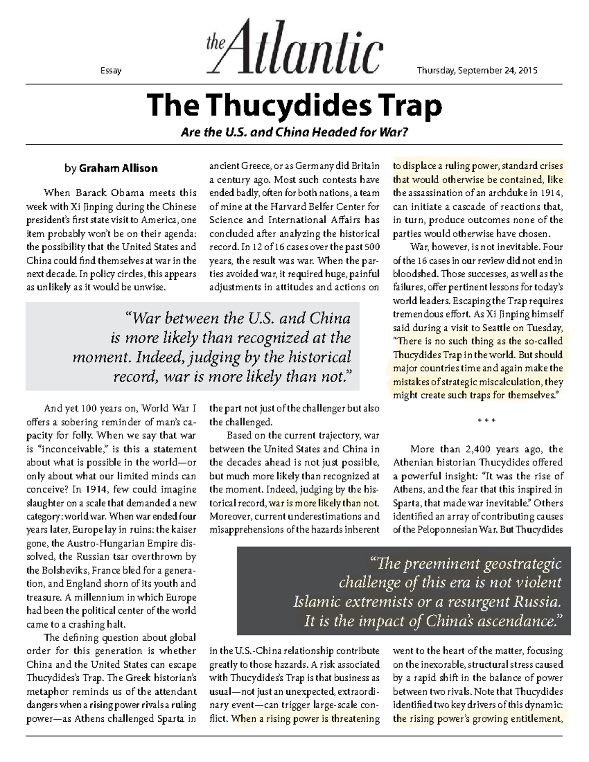 Essay: The Thucydides Trap - Are the U.S. and China Headed for War ...