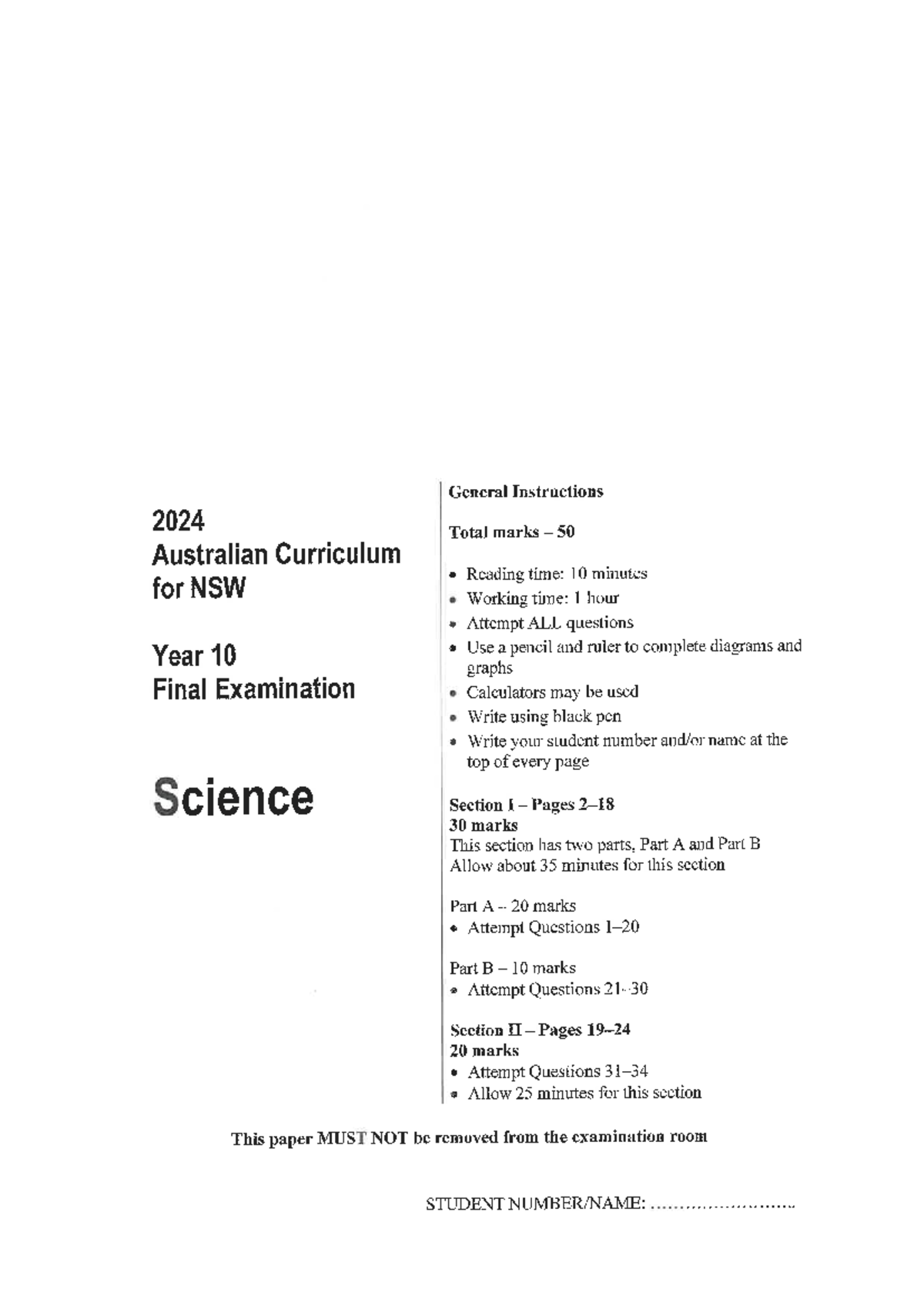 2024 Year 10 Science Final Exam Instructions and Guidelines - Studocu