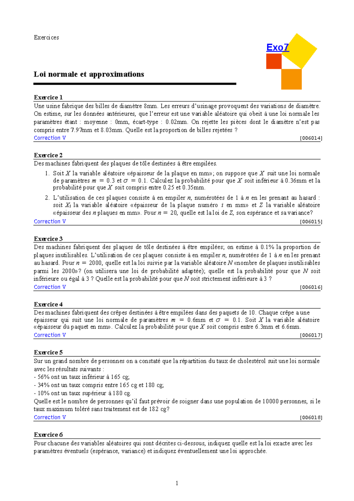 Exos Loi Normale et Approximations - Exercice 1 à 6 (Statistiques ...