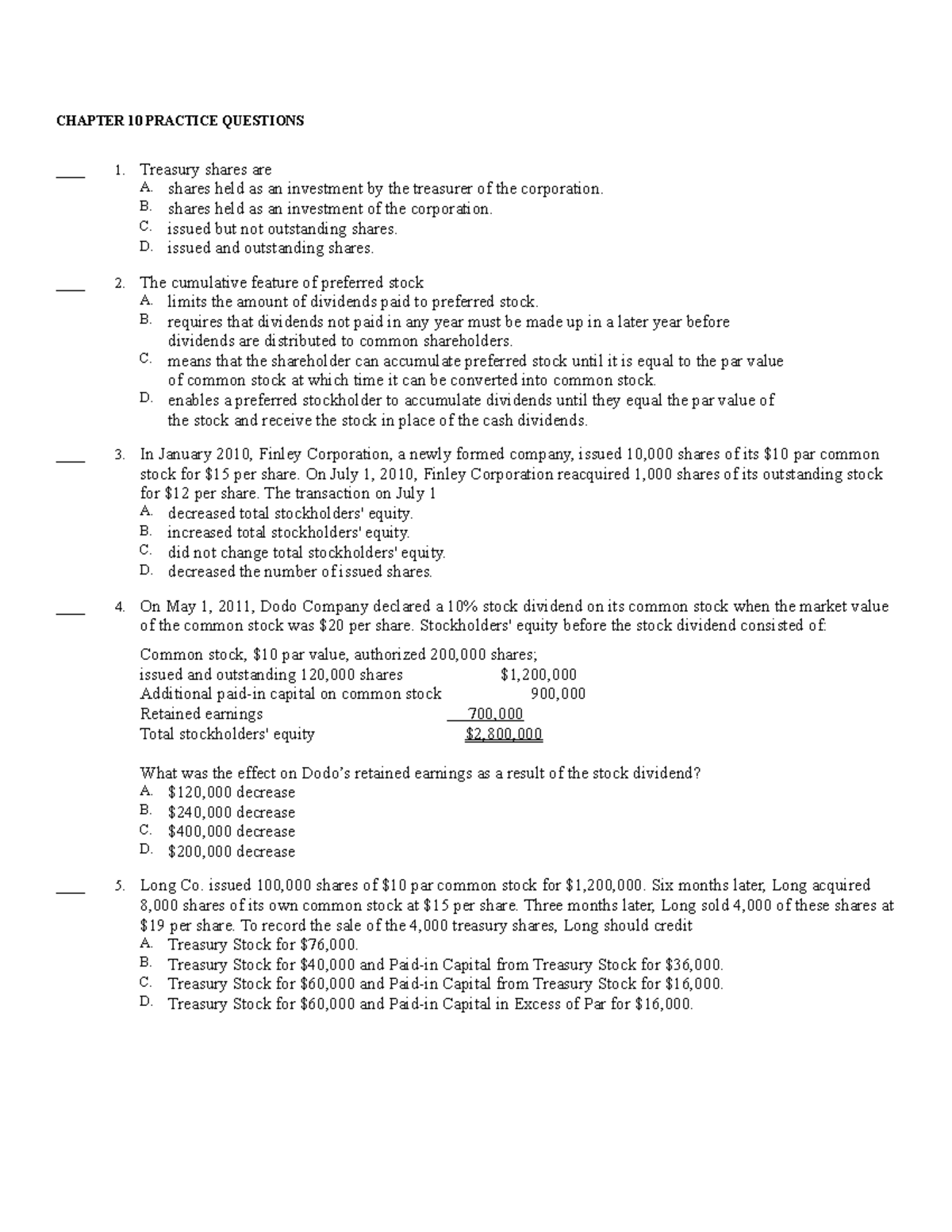 ACCT 101 Chapter 10 Review: Practice Questions and Answers - Studocu