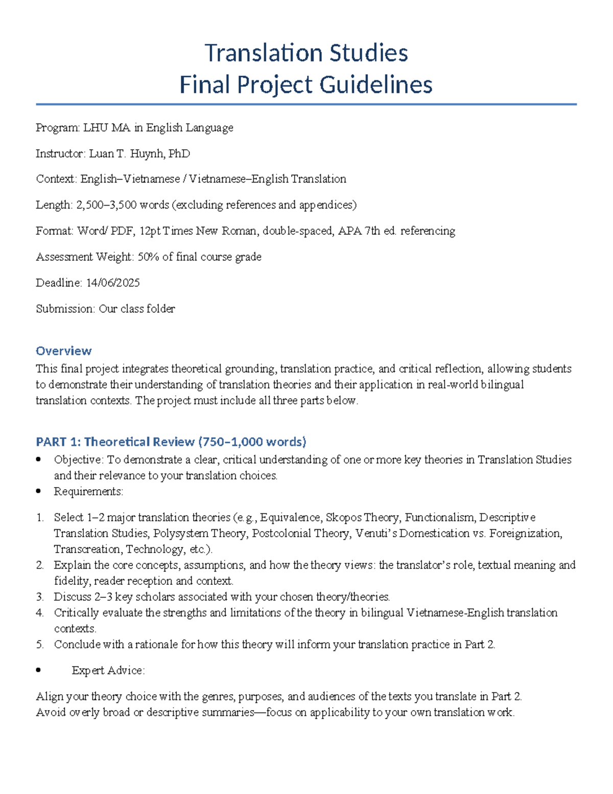 LHU MA Translation Studies Final Project Guidelines and Requirements ...