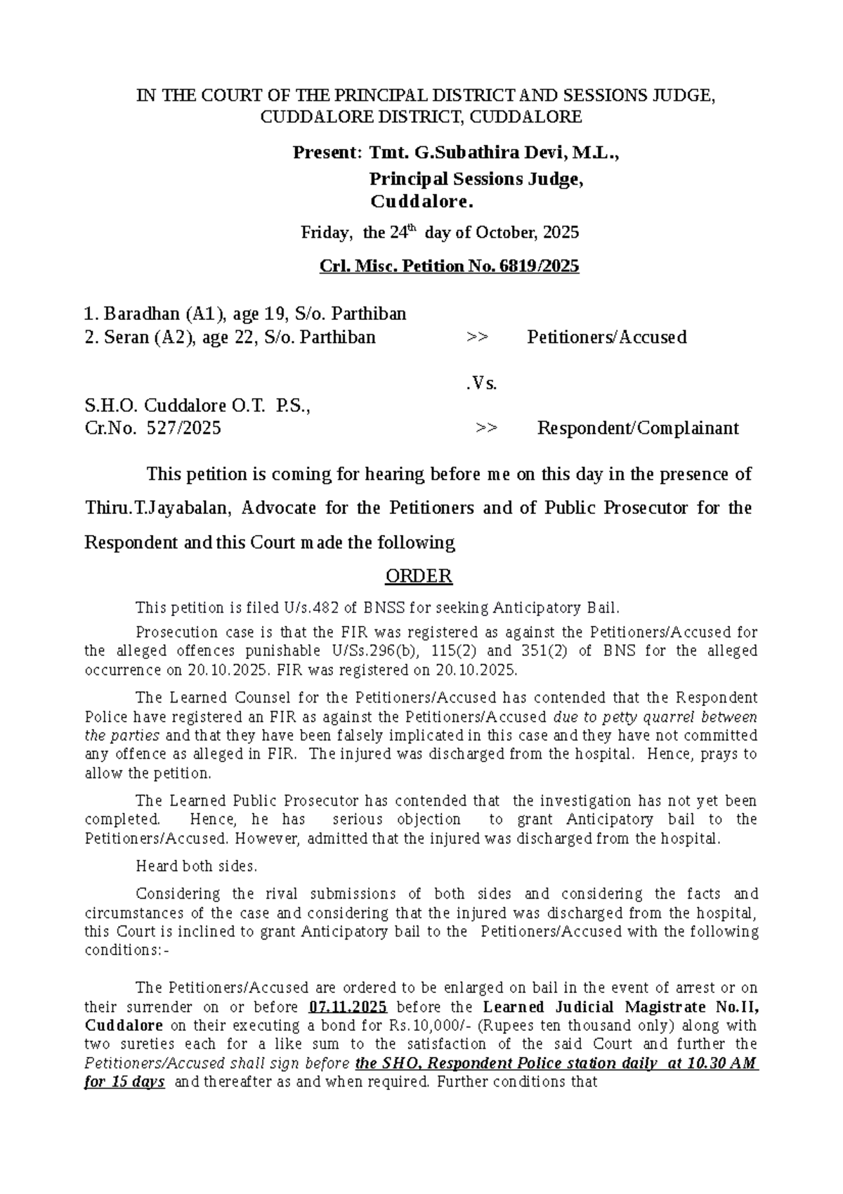 Crl. Misc. Petition No. 1: Anticipatory Bail Order - Cuddalore District ...