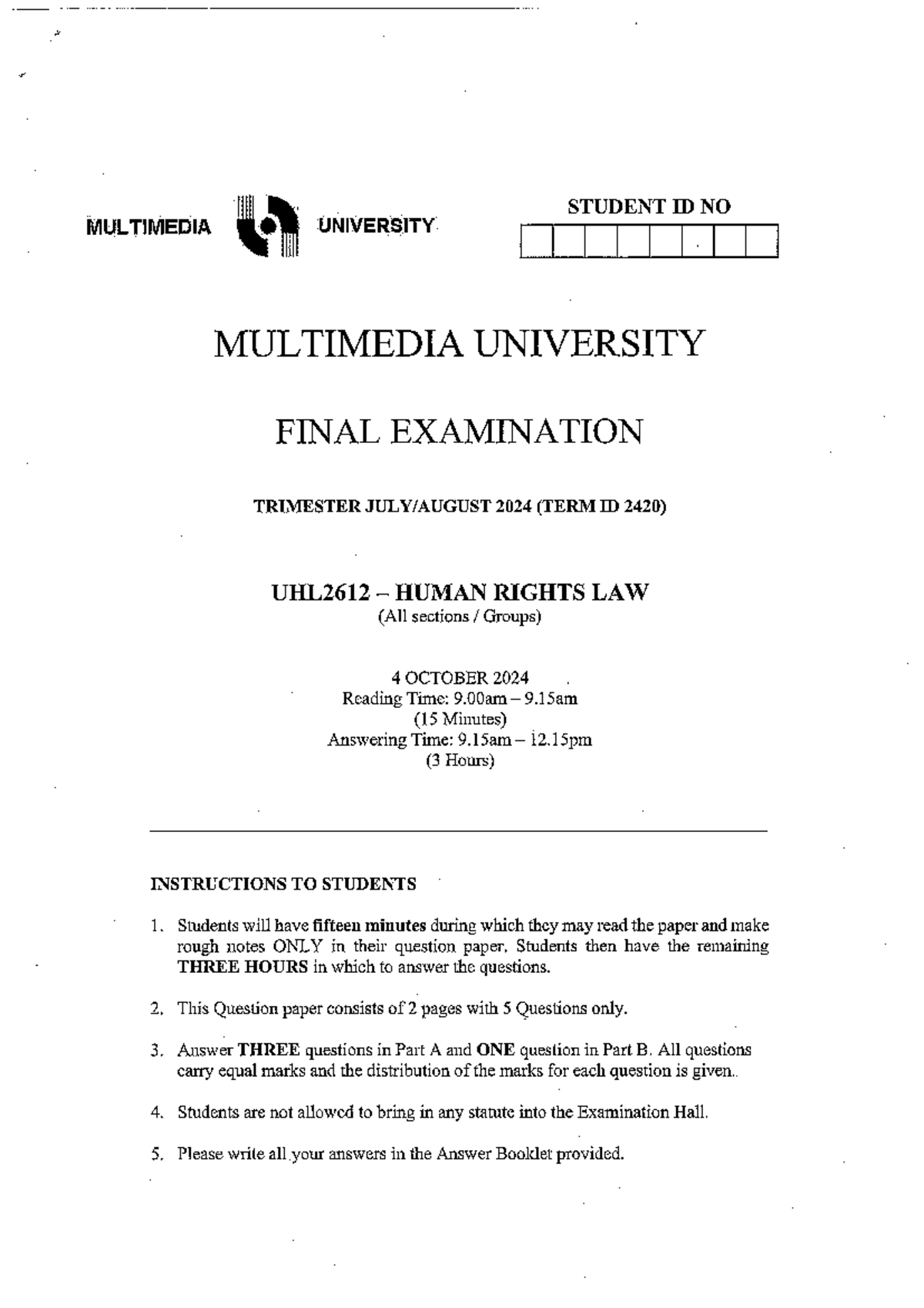 UHL2612 Human Rights Law Final Exam Trimester 2024 Guide - Studocu