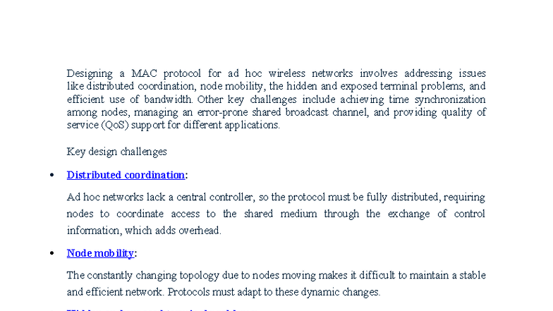 Designing a MAC Protocol for Ad Hoc Wireless Networks & WSN - Studocu