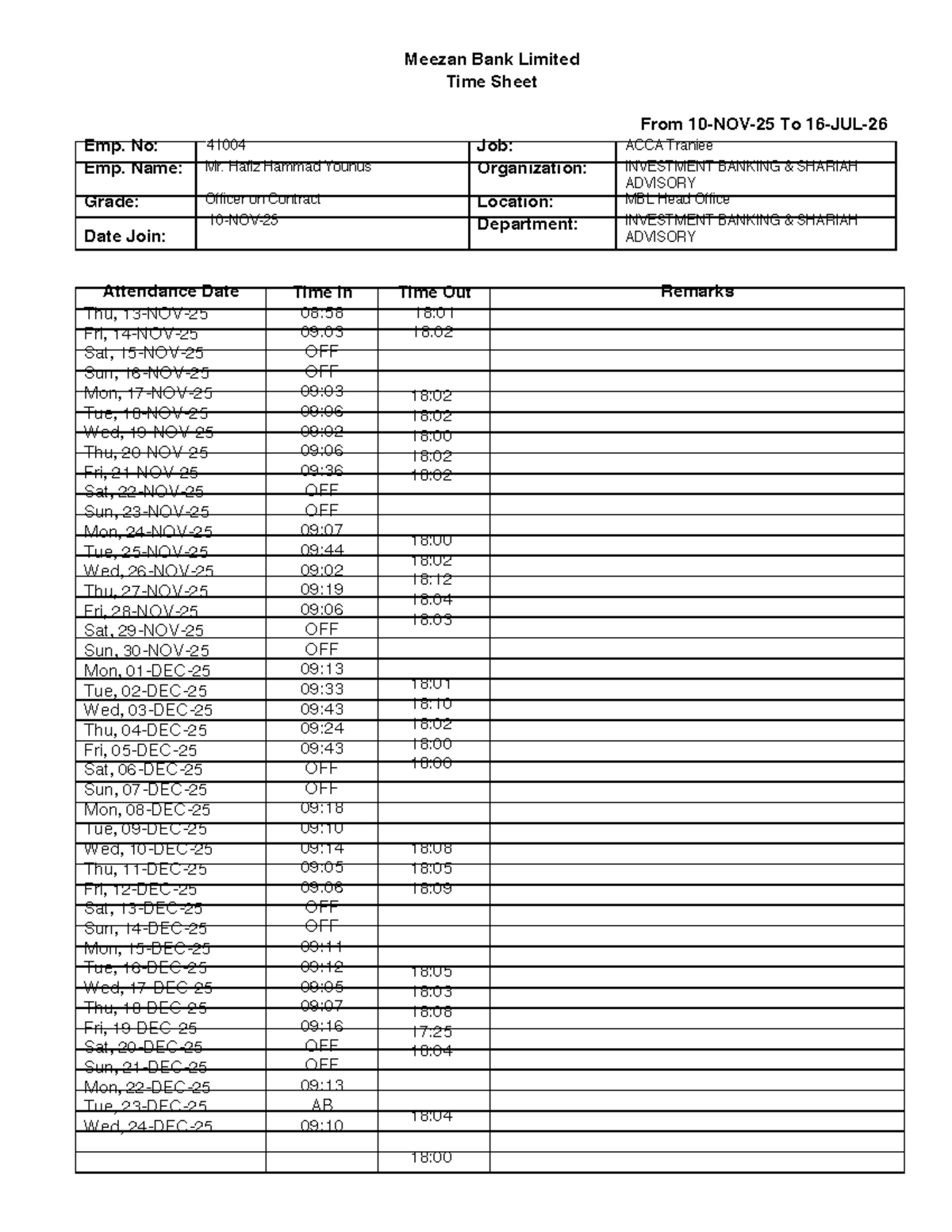 ACCA Time Sheet for Mr. Hafiz Hammad Younus at Meezan Bank - Studocu