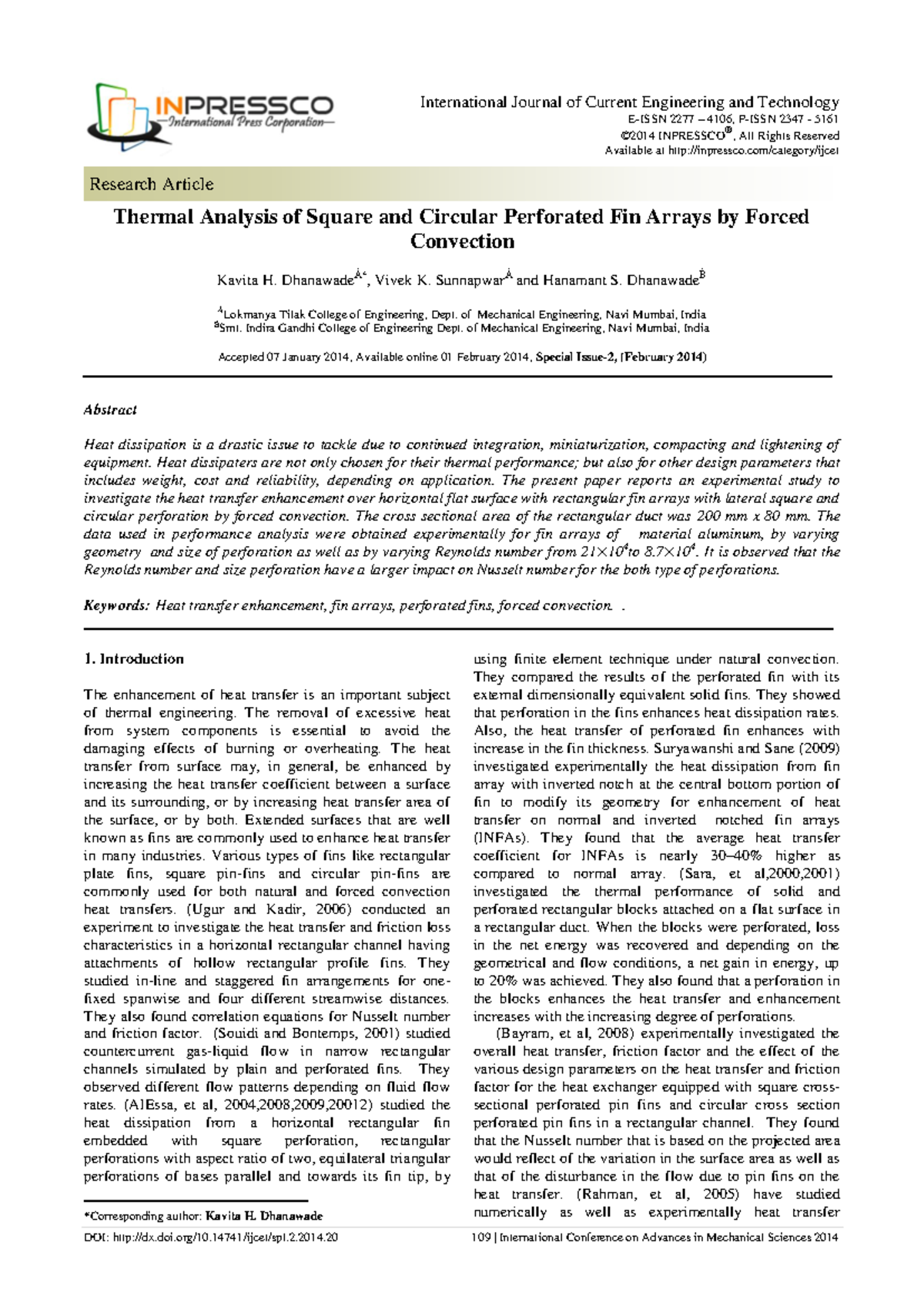 Thermal Analysis of Perforated Fin Arrays in Forced Convection (2014 ...