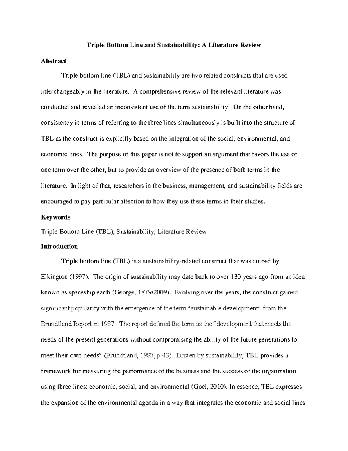 TBL and Sustainability: A Comprehensive Literature Review - Studocu