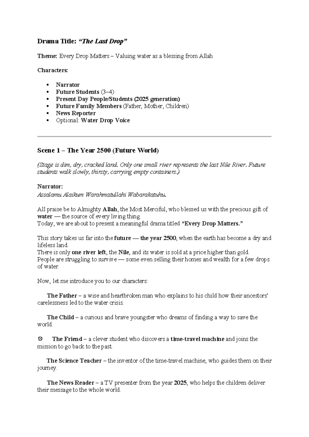 Drama Script: Every Drop Matters - A Message from 2500 (ENG 101) - Studocu
