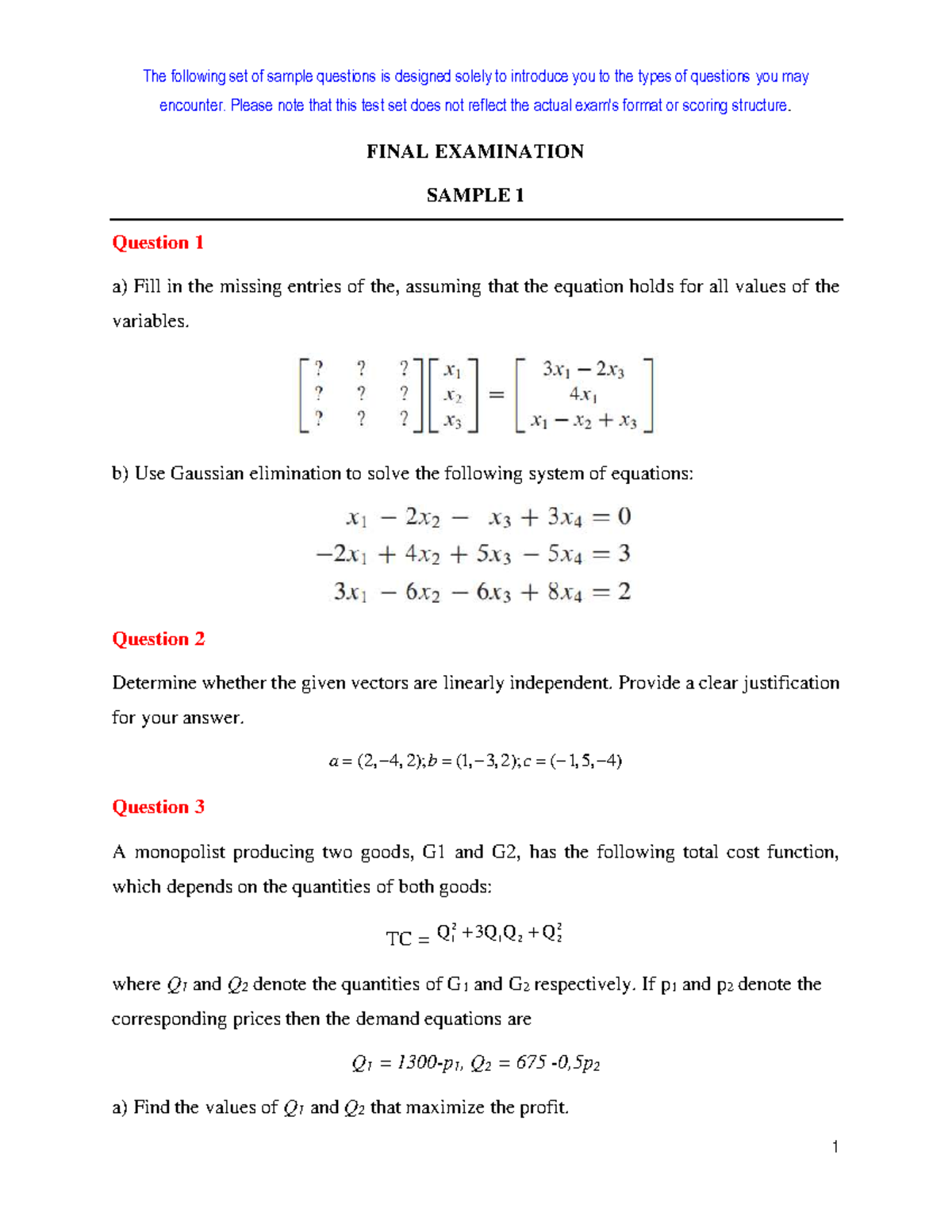 FINAL EXAMINATION SAMPLE QUESTIONS FOR ECONOMICS 101 - Studocu