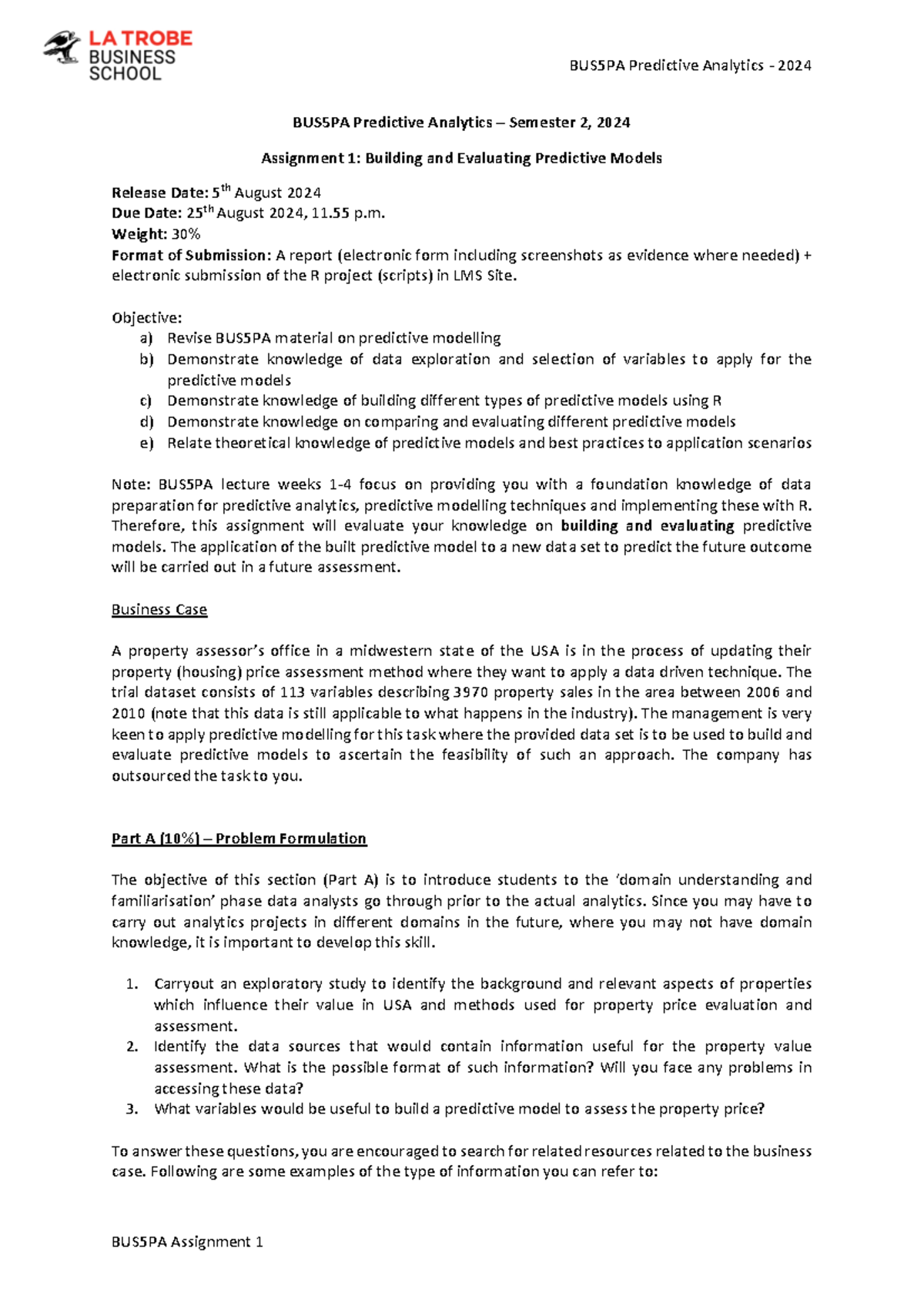 BUS5PA Assignment 1: Evaluating Predictive Models - 2024 SEM2 - Studocu
