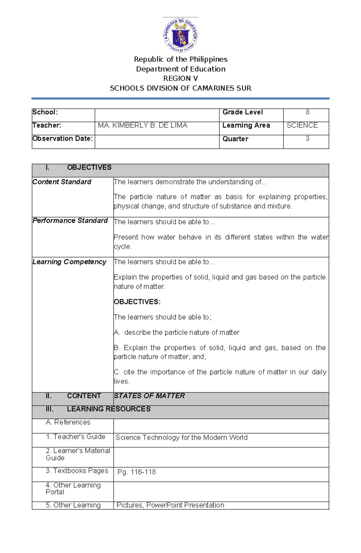 PRE-DEMO-LP - LESSON PLAN FOR MIXTURE - Republic of the Philippines ...