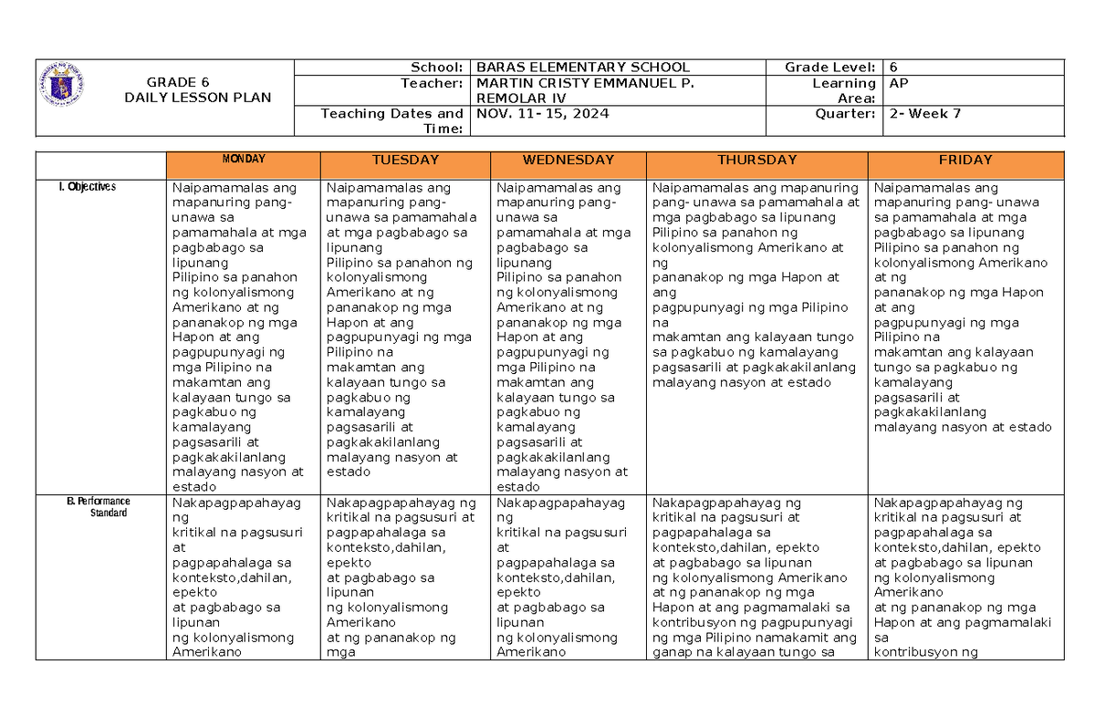 AP DLL G6 Q2 W7 - Daily Lesson Plan on Filipino History - Studocu