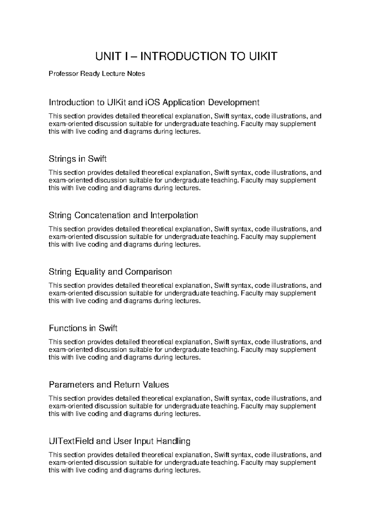 UNIT I UIKit Lecture Notes: Swift Fundamentals & Concepts - Studocu