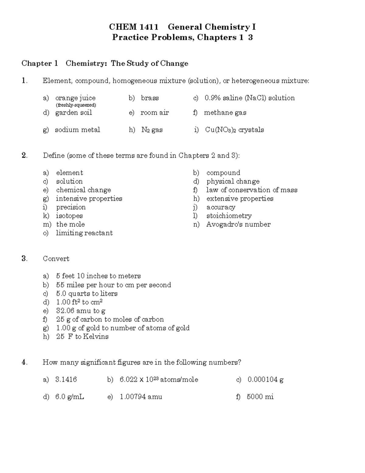 Chem 1411 General chemistry I practice problems and solutions - Studocu