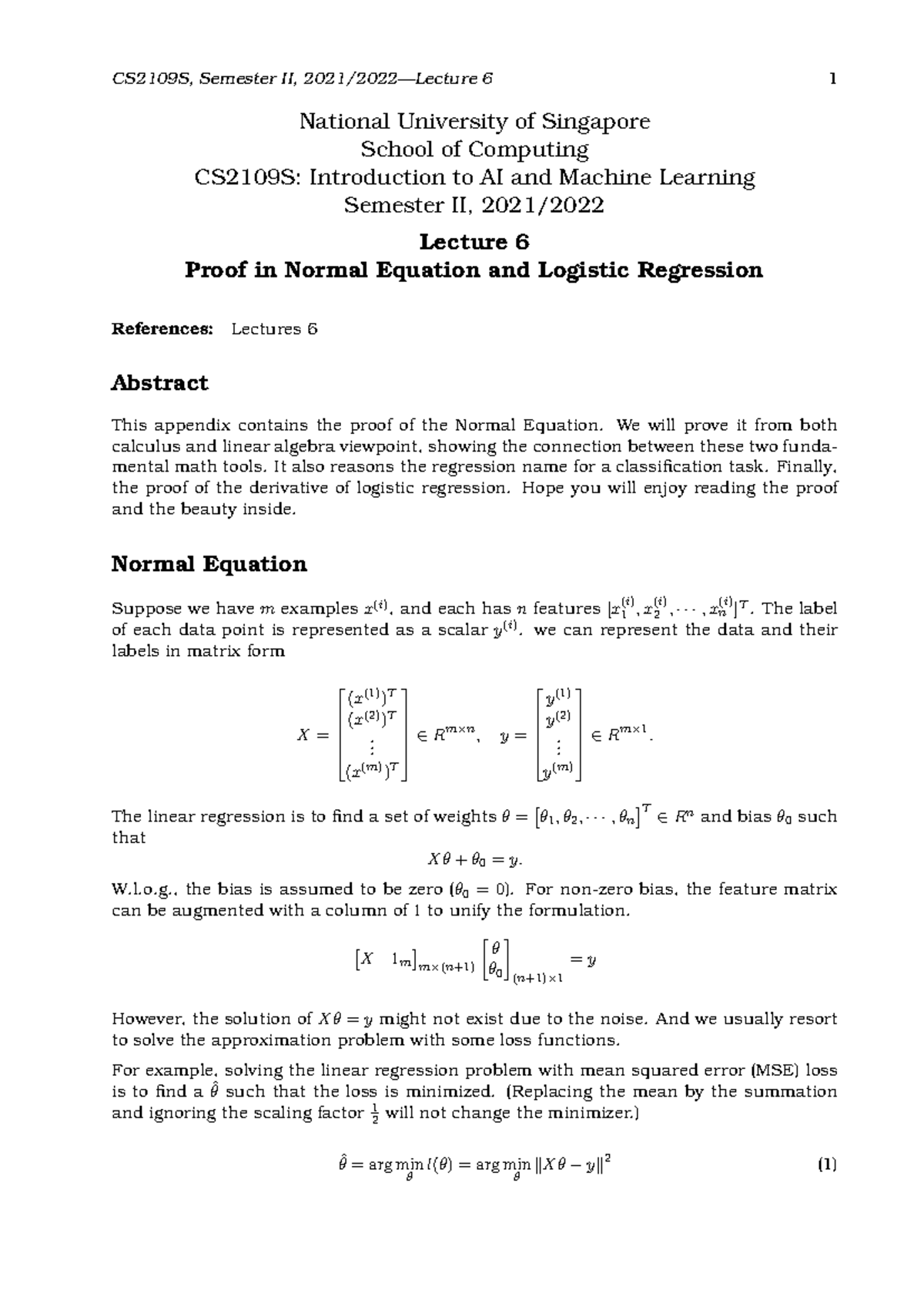 Lecture 6 Proof: Normal Equation & Logistic Regression - CS2109S - Studocu