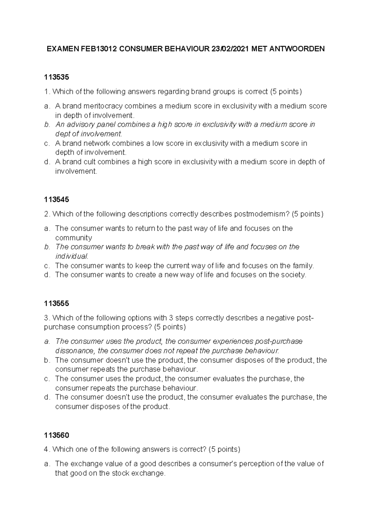 Exam FEB13012 Consumer Behaviour 2021 with Answer Key - Studeersnel