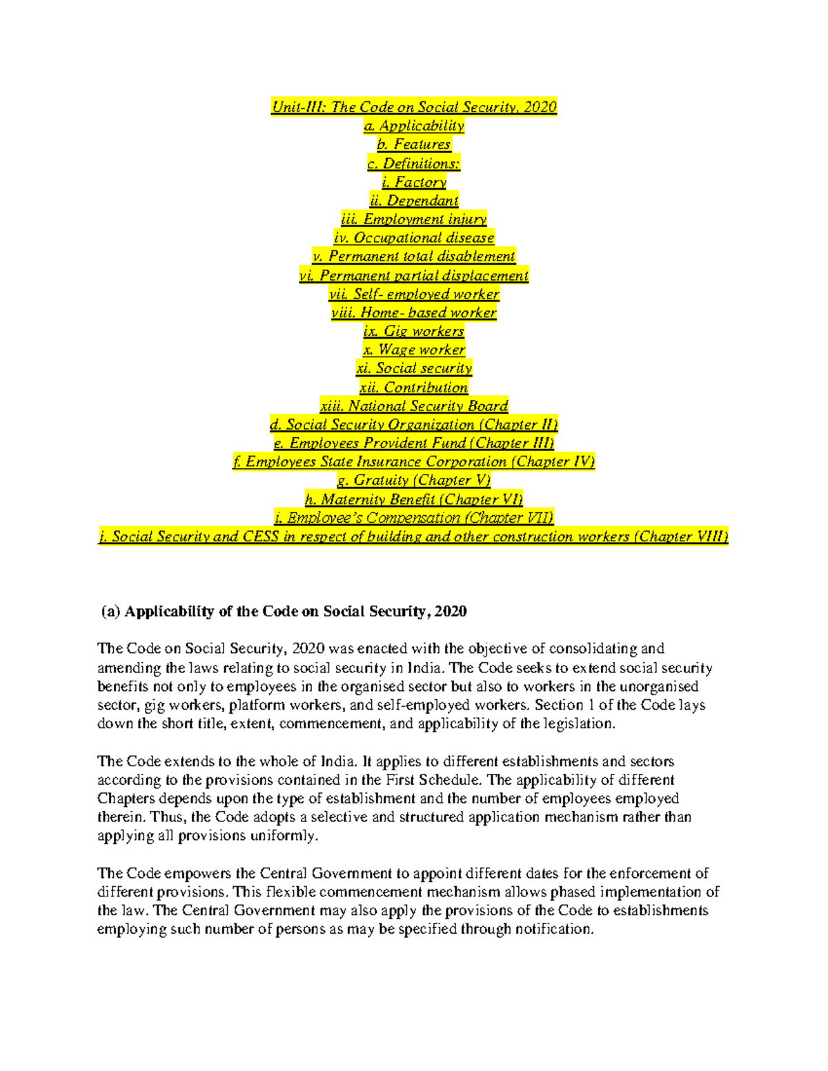 Unit 3 & 4 Labour Law II Notes: The Code on Social Security, 2020 - Studocu