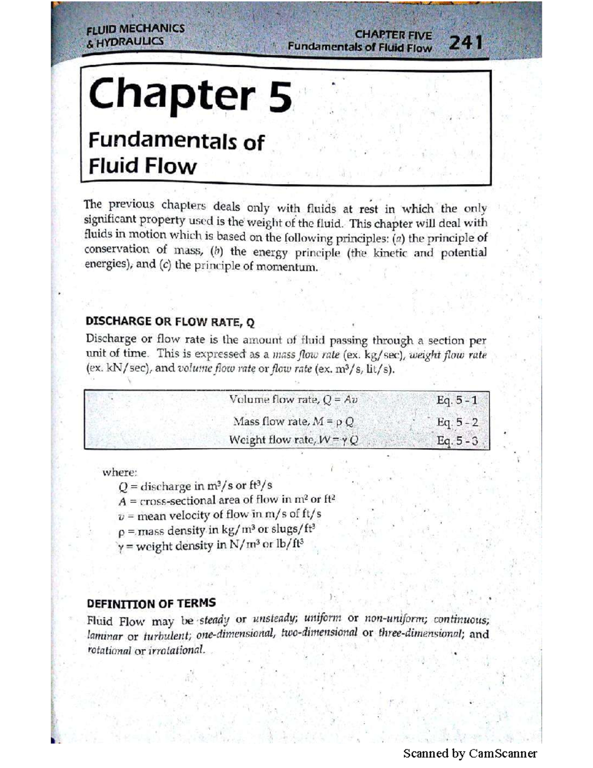 FLUID MECHANICS CH 5: HYDRAULICS & FUNDAMENTALS OF FLUID FLOW - Studocu
