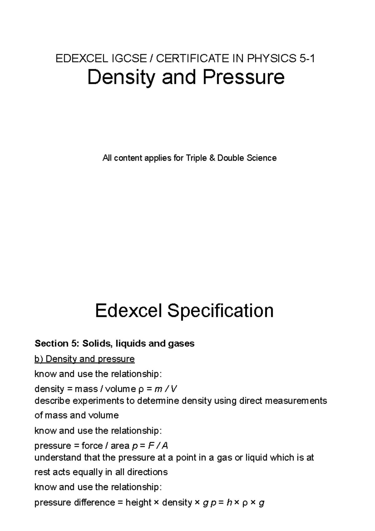 Density and Pressure Concepts: Edexcel IGCSE Physics Section 5 - Studocu