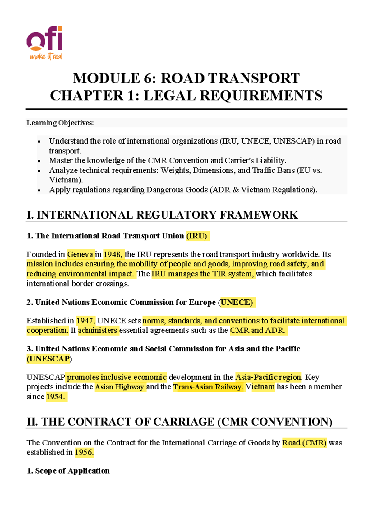 MODULE 6: ROAD TRANSPORT CH 1 - LEGAL REQUIREMENTS & CMR CONVENTION ...