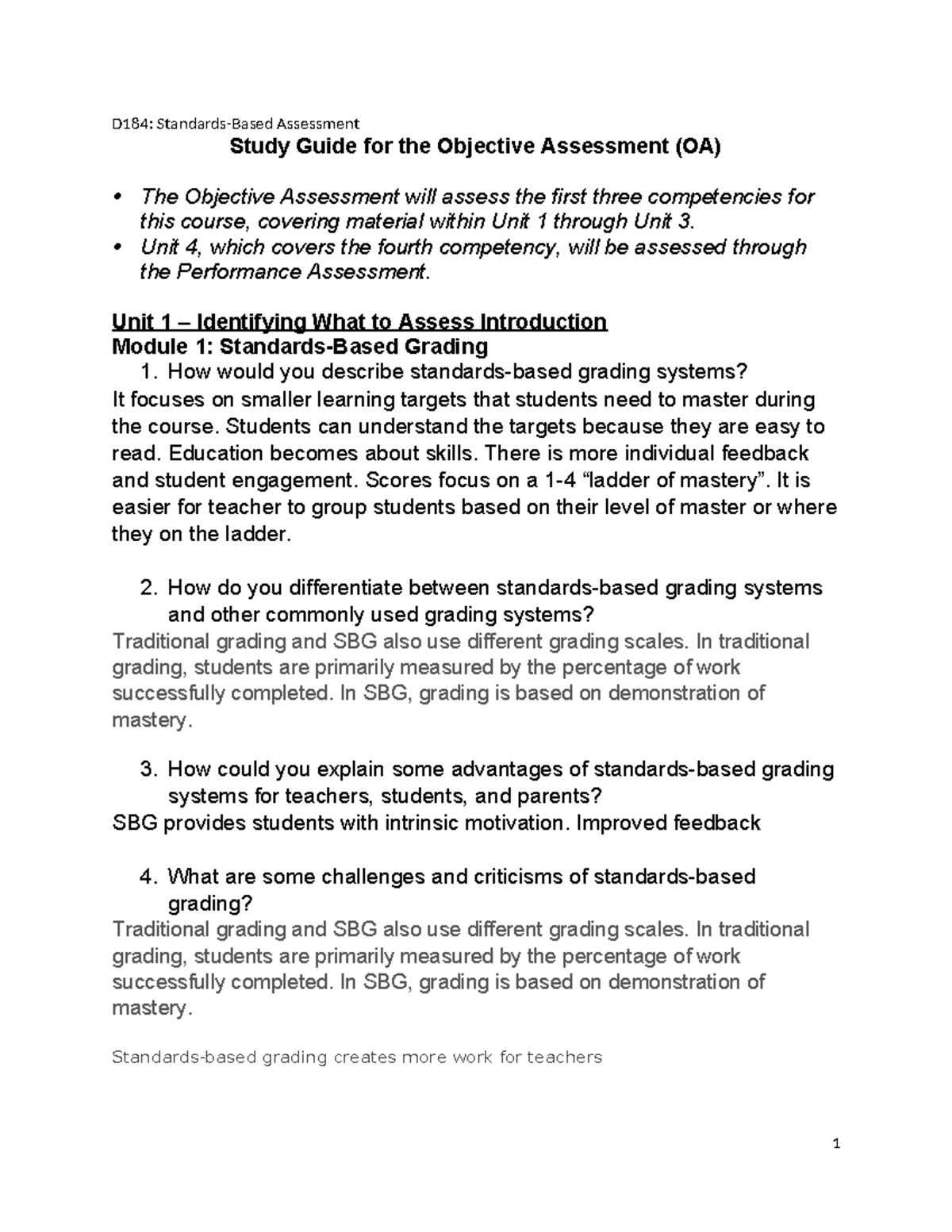 D184 Study Guide - D184: Standards-Based Assessment Study Guide for the ...