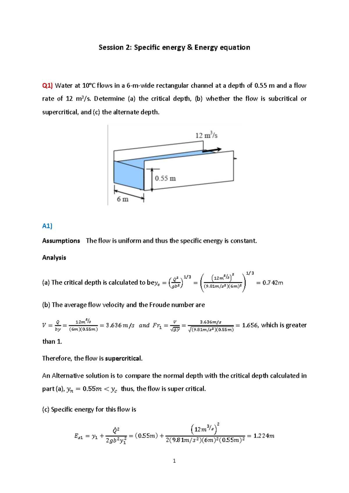 CIVL3101 Sec 2 - Specific Energy & Flow Conditions Analysis - Studocu