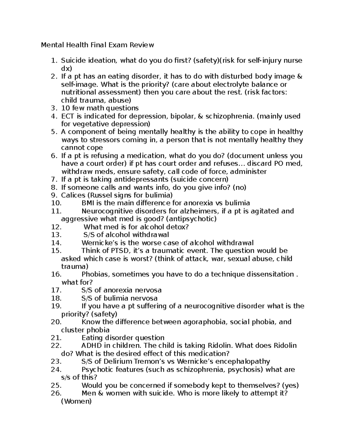 Mental Health NUR 101 Final Exam Review: Key Concepts & Questions - Studocu