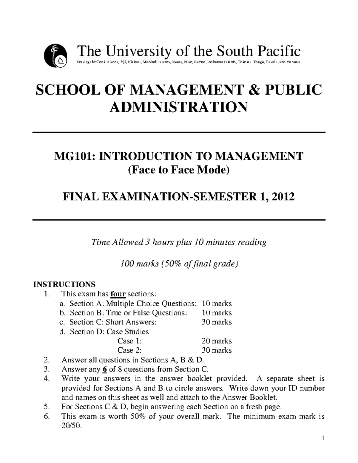 MG 101 Final Exam Paper - Semester 1, 2012: Comprehensive Overview ...