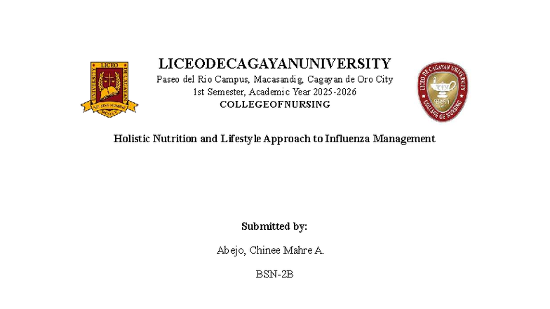 NUTRITION CASE STUDY: Holistic Approach to Influenza Management (NUTR ...