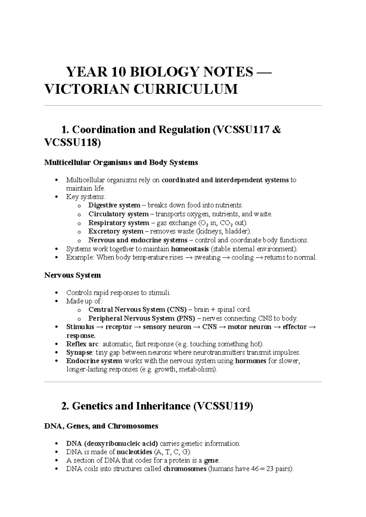 YEAR 10 BIOLOGY NOTES (VCSSU117-121) - Coordination, Genetics ...