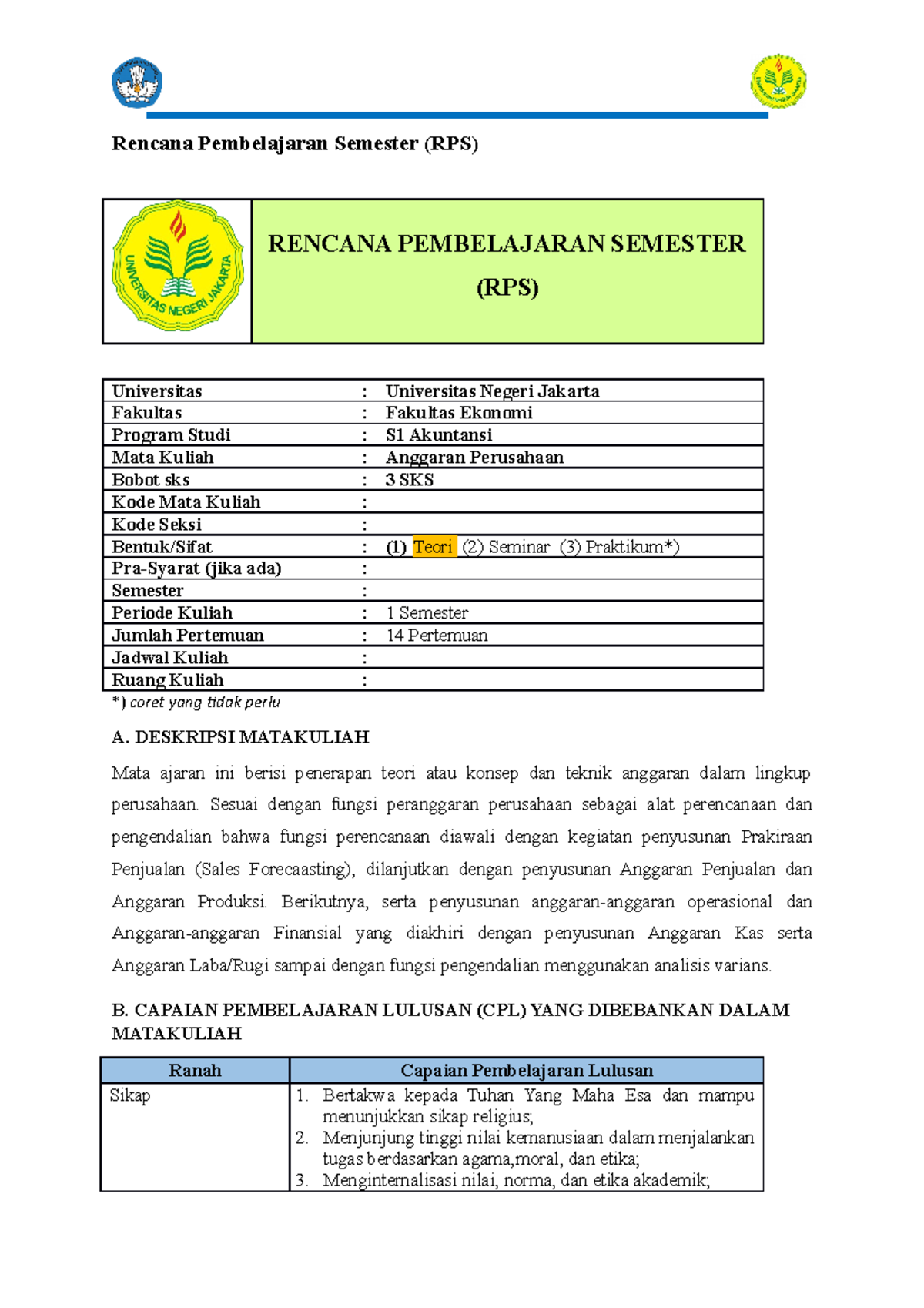 RPS S1 Anggaran Perusahaan: Rencana Pembelajaran Semester 2023 - Studocu