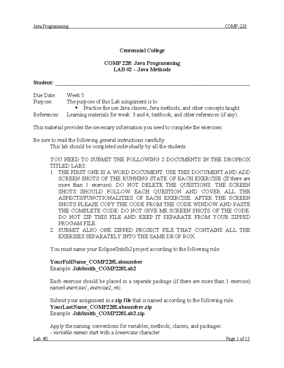 Java Programming Lab COMP 228: Methods and Exercises Submission - Studocu