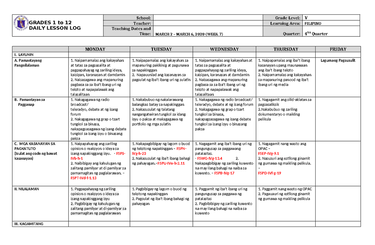 Grade 5 DLL: Filipino 5 Daily Lesson Log for 4th Quarter Week 7 - Studocu