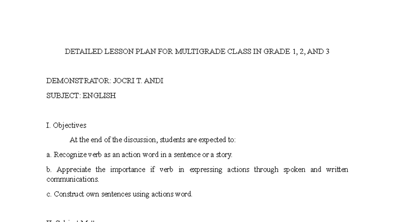 Detailed Lesson Plan for Multigrade Class (Grade 1-3) on Verbs - Studocu