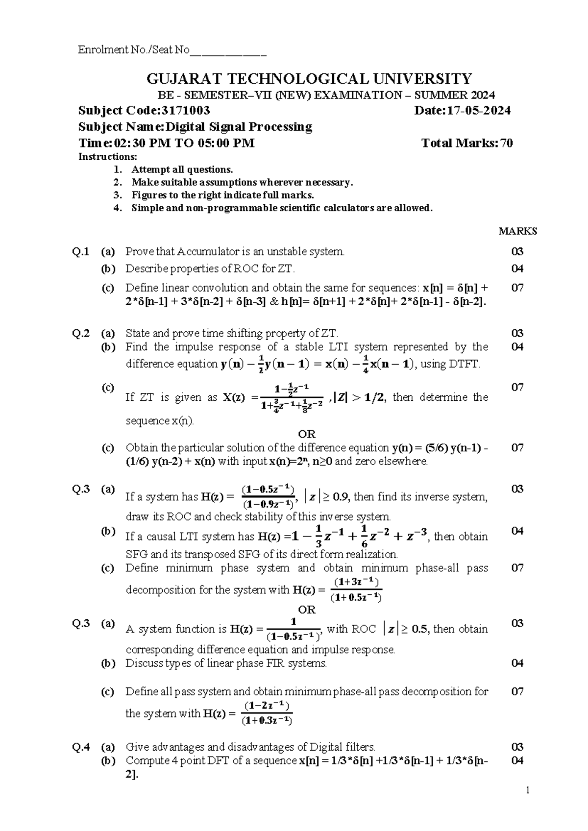 3171003 - Digital Signal Processing Summer 2024 Exam Paper - Studocu