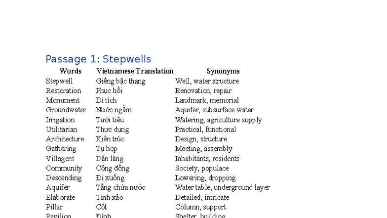 Vocab - Cam 10 Test 1 Reading: Stepwells & European Transport Systems ...