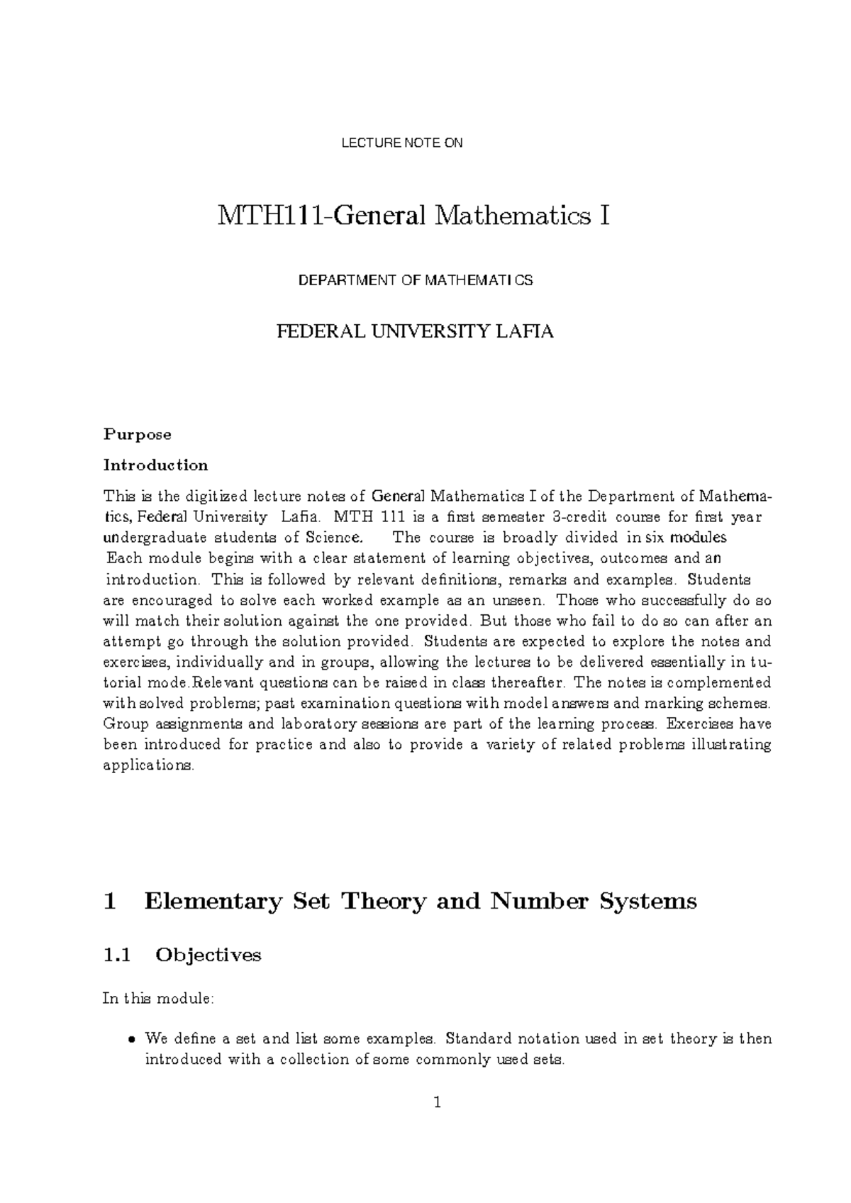 MTH 111 Lecture Notes: General Mathematics I Overview - Studocu