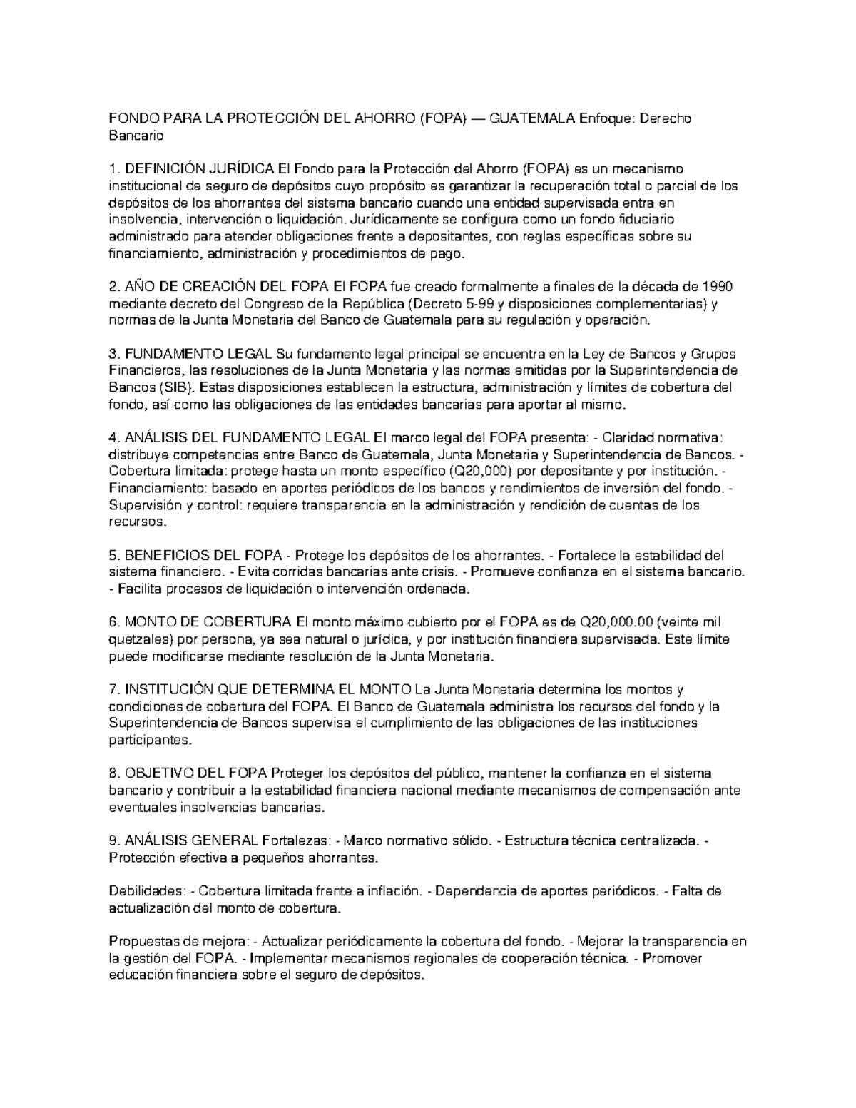 FOPA Guatemala: Análisis y Beneficios en Derecho Bancario - Studocu