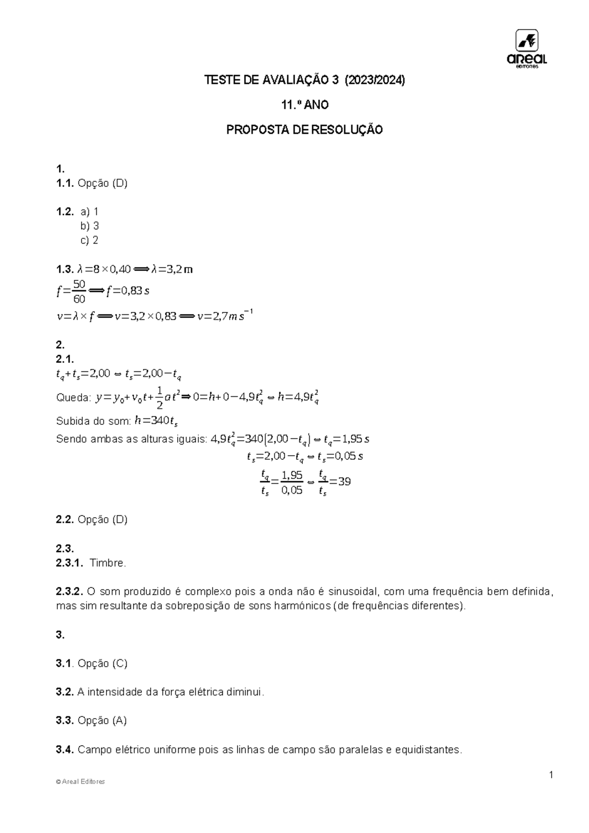 Resolução do Teste de Físico-química - 11.º Ano - Jan 2024 - Document Preview