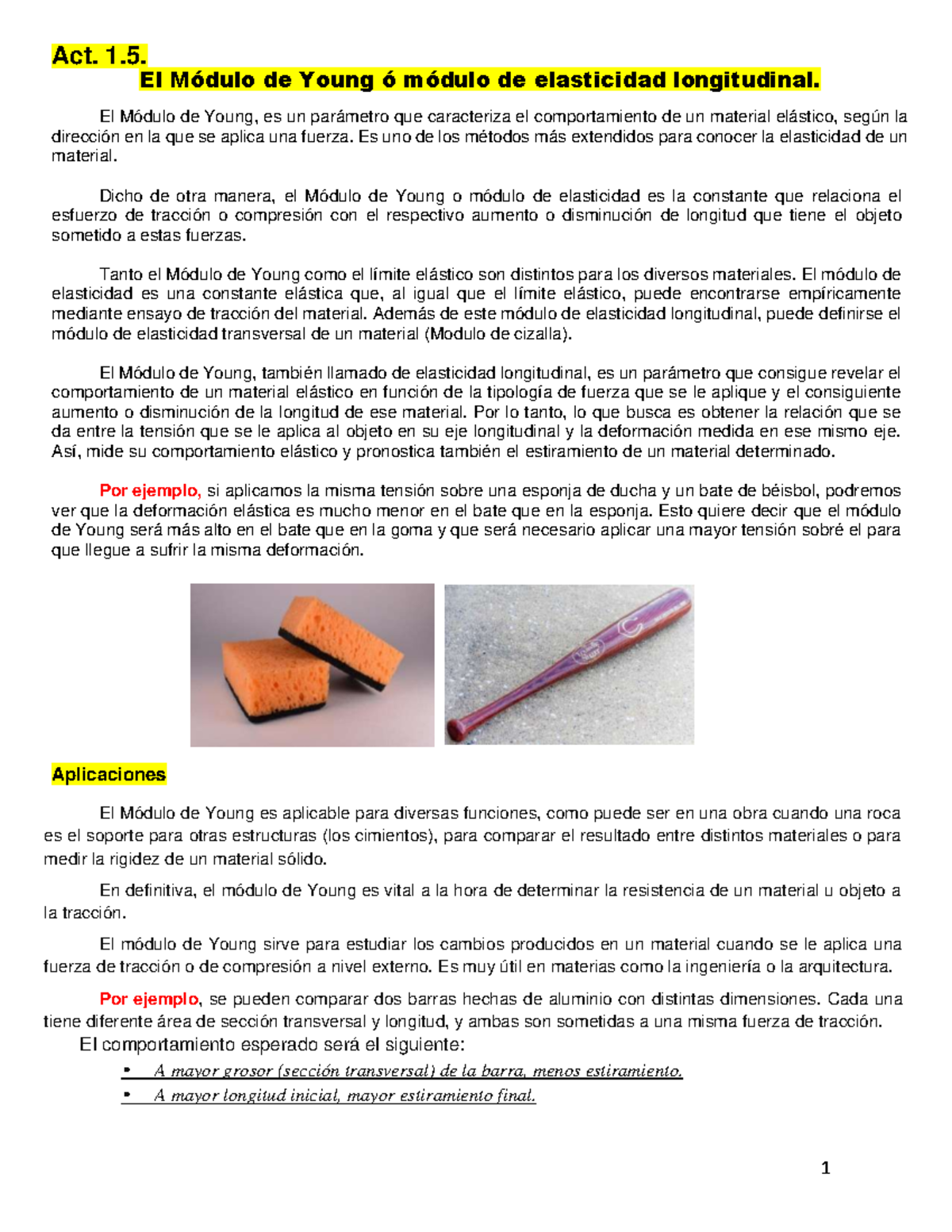 Apunte 1 - qeqe - 1 Act. 1. El Módulo de Young ó módulo de elasticidad ...