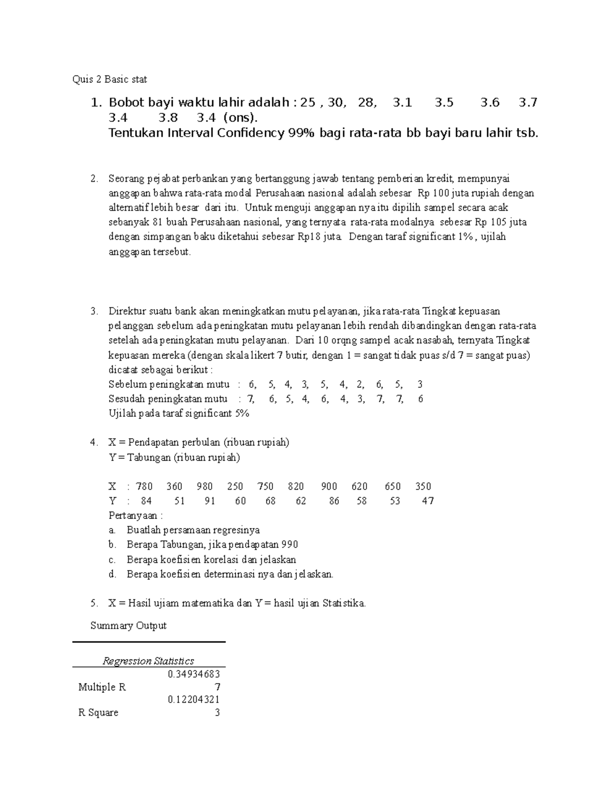Quiz 2: Basic Statistics Analysis and Confidence Intervals - Studocu