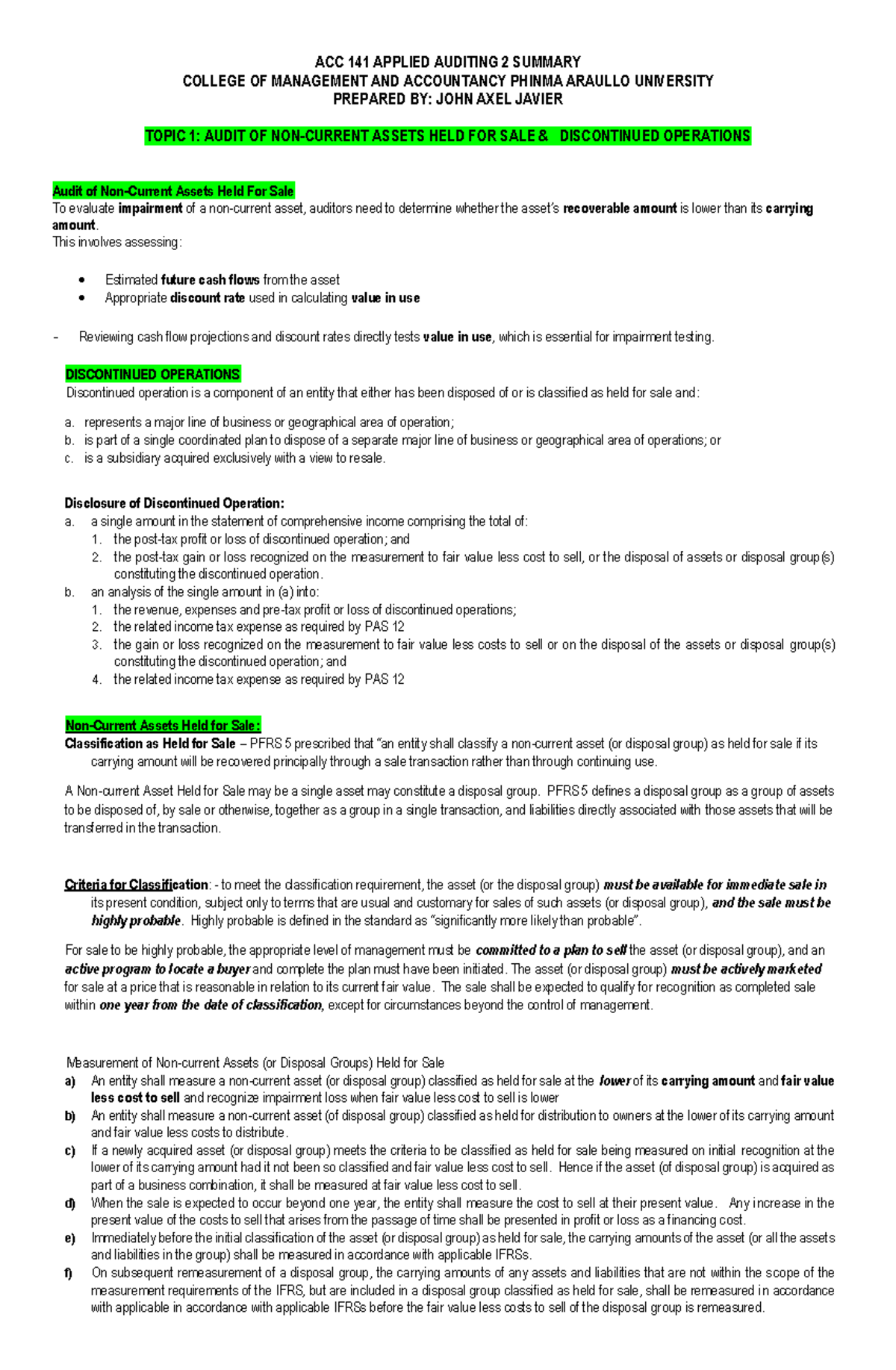 ACC 141 APPLIED AUDITING 2: Summary of Audit of Assets Held for Sale ...