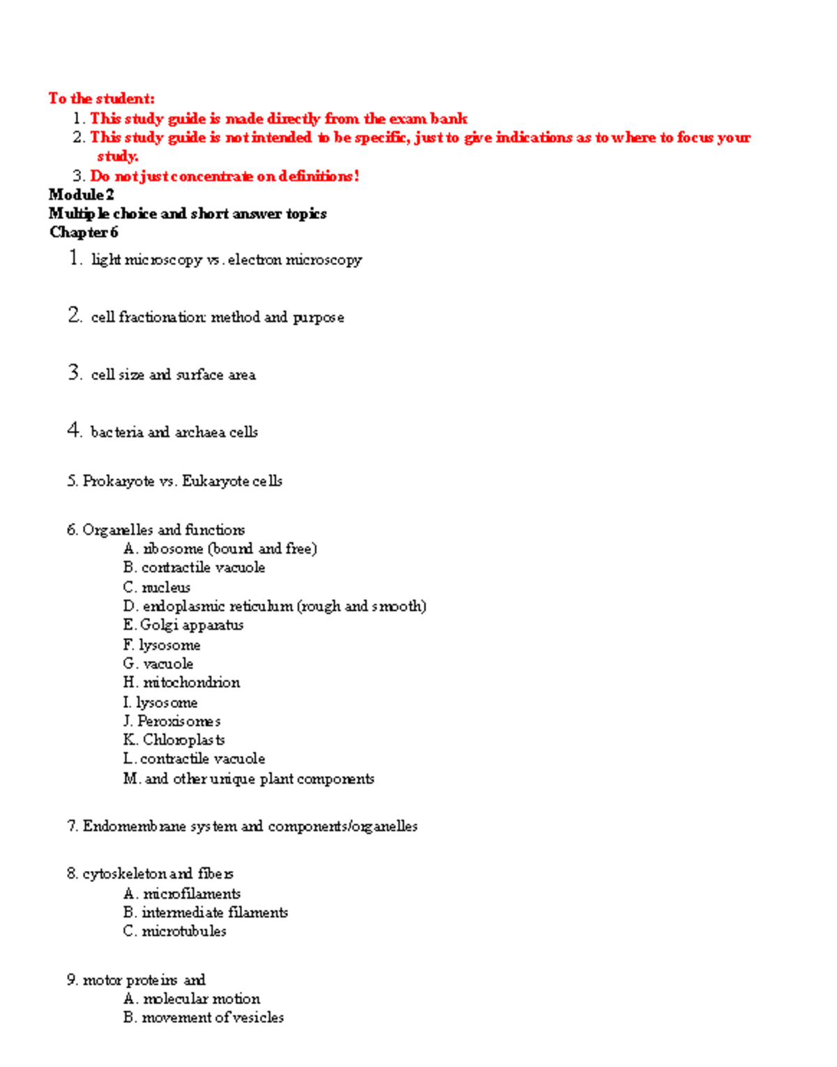 181 Topic 2 Exam Study Guide: Focus on Cell Structures & Functions ...