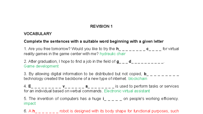 REVISION 1 - Vocabulary and Grammar Exercises for HAUI - Studocu