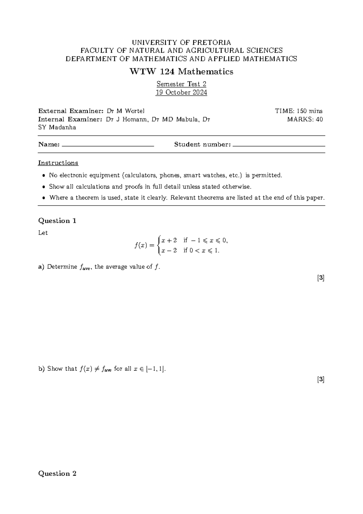 WTW 124 Mathematics Semester Test 2 Practice Paper - 19 Oct 2024 - Studocu