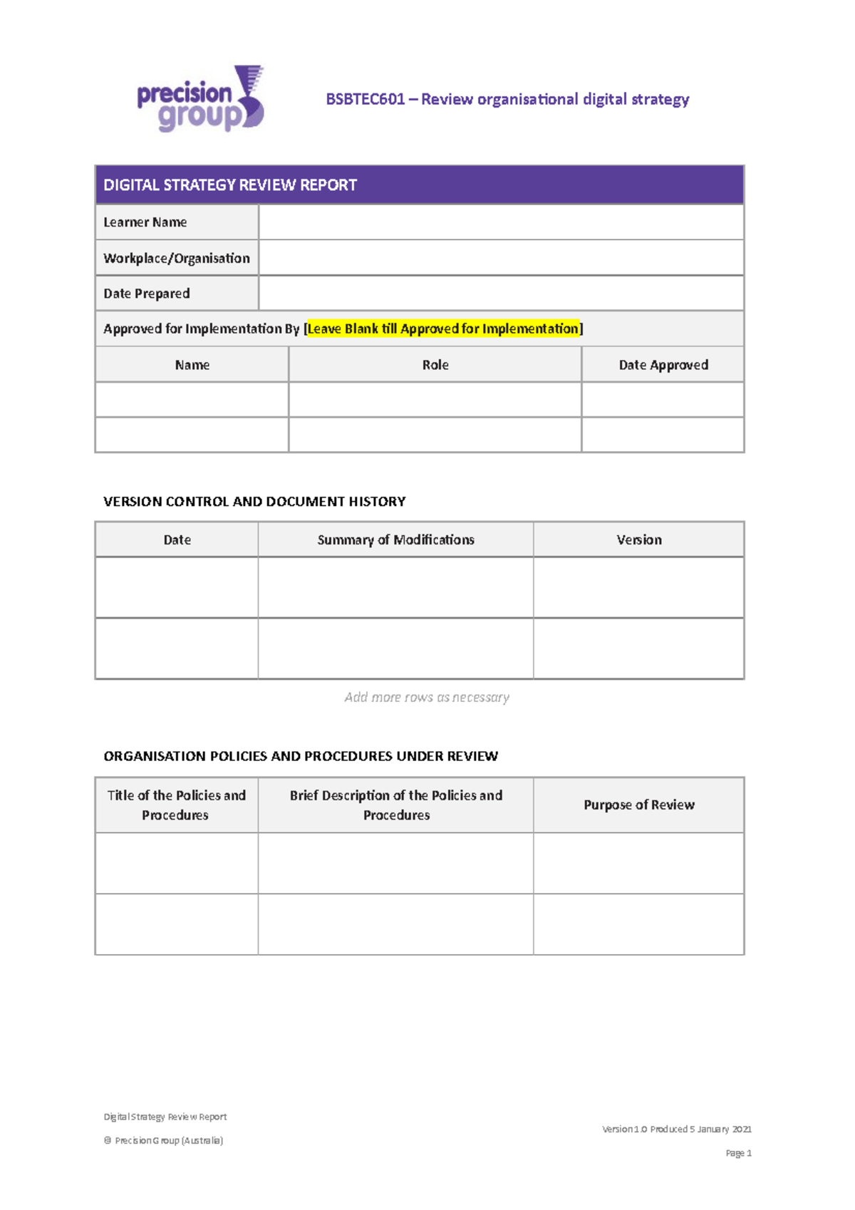 BSBTEC601 Digital Strategy Review Report Template - Version 1.0 - Studocu