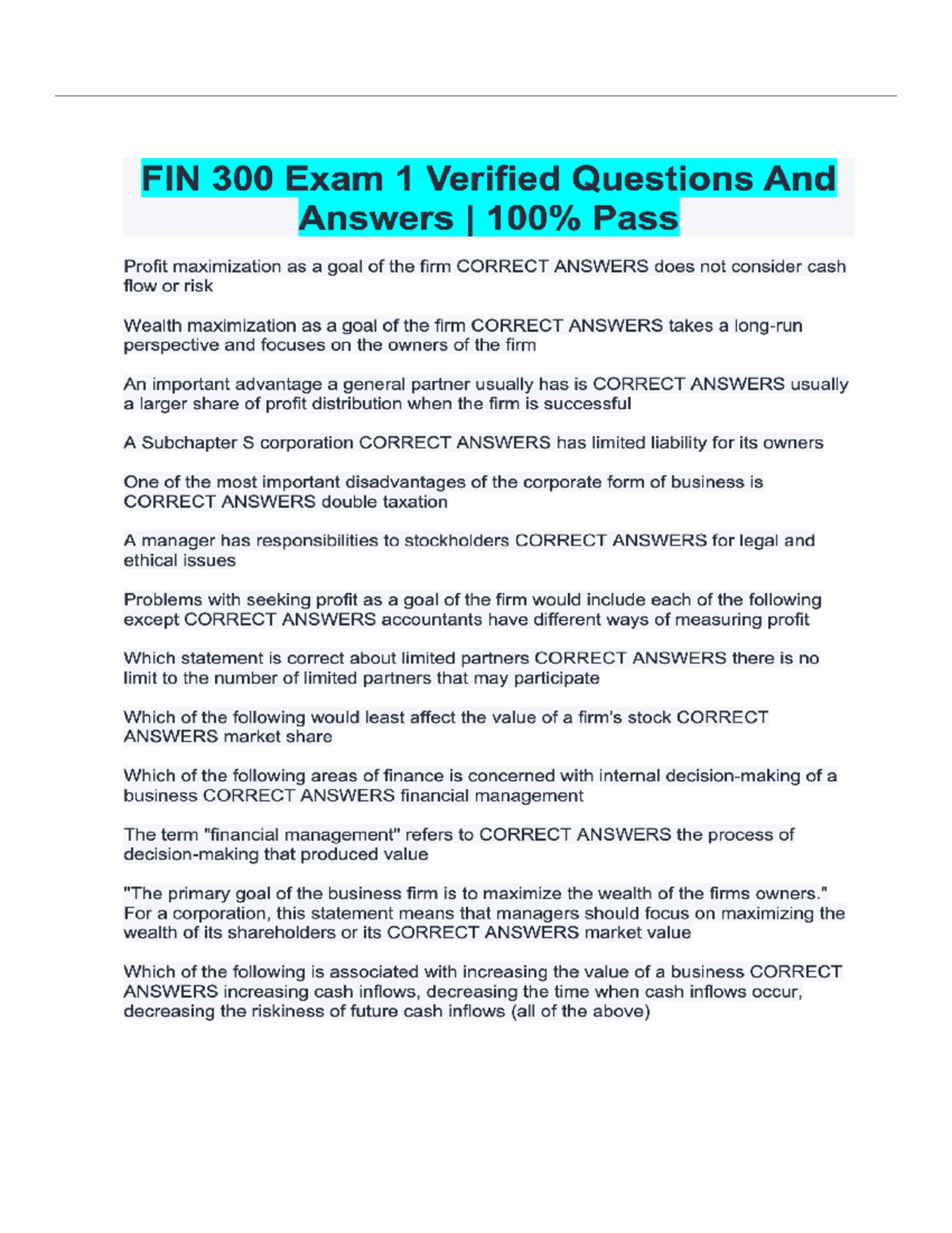 FIN 300 Exam 1 Review: Key Concepts and Practice Questions - Studocu