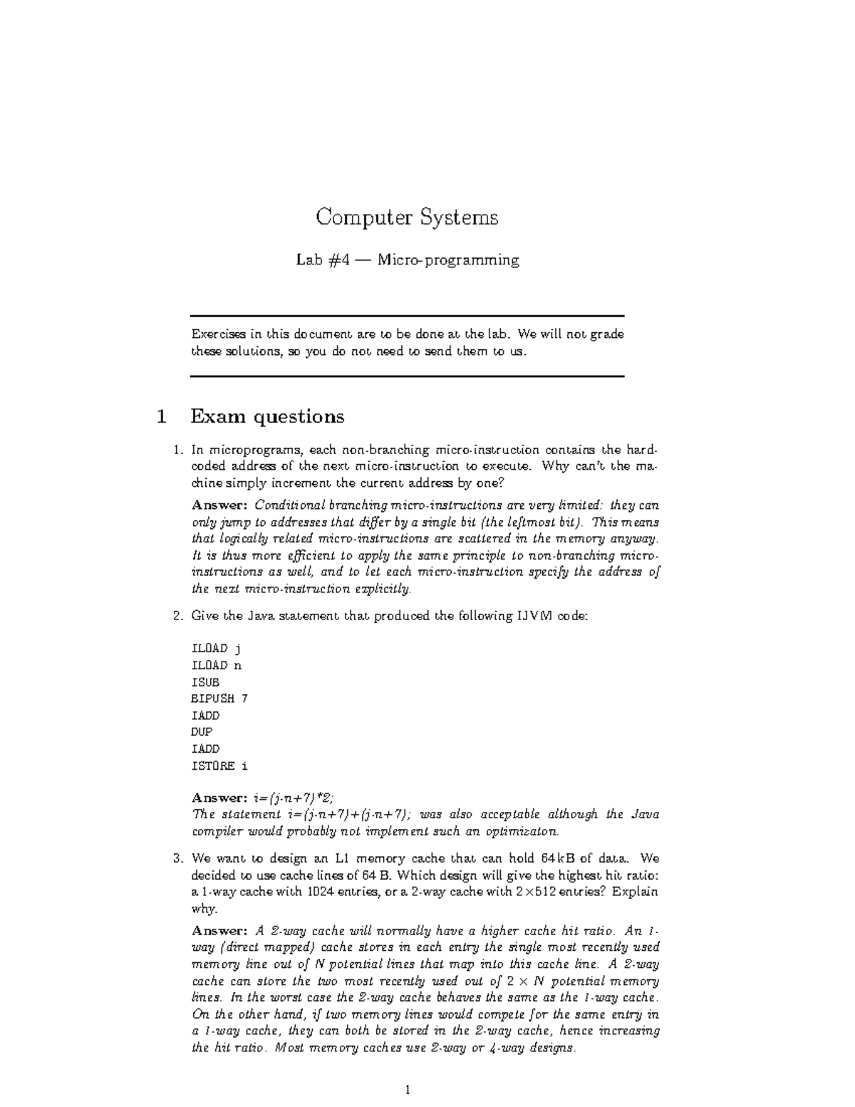 Micro-Programming Exercises & Q&A - Lab #4 - Computer Systems - Studeersnel